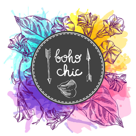 Beautiful hand drawn illustration boho flowers.  Decorative floral illustration with wildflowersのイラスト素材