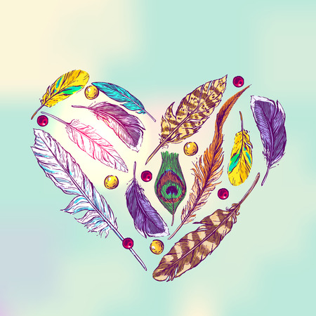 Beautiful hand drawn vector illustration sketching of feathers. Boho style drawing. Use for postcards, print for t-shirts, posters.のイラスト素材
