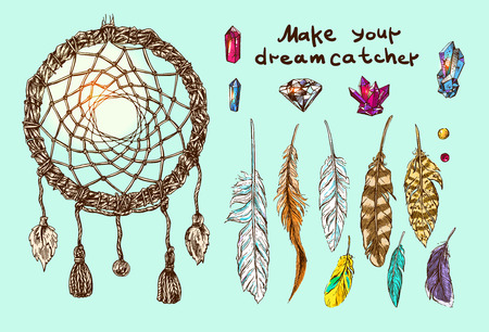 Sketch hand drawn vector collection with  elements for making of dreamcatcher. Make you mascot.のイラスト素材