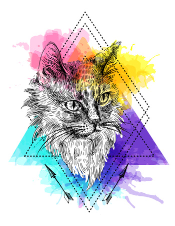 Vector hand drawn illustration head of cat. Boho style poster. Ink sketch drawing of animal.のイラスト素材