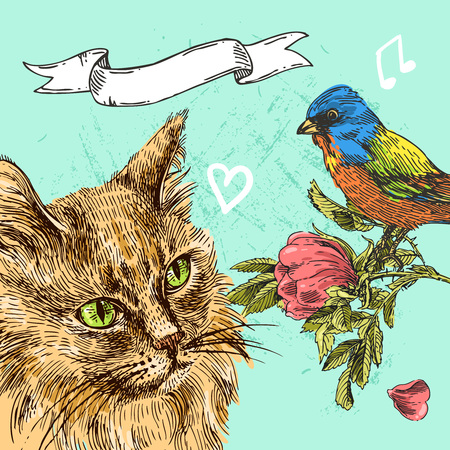 Vector hand drawn illustration head of cat. Boho style poster. Ink sketch drawing of animal.のイラスト素材