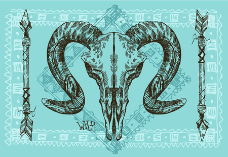 sketch illustration animal skull. Drawing by hand. Boho style.のイラスト素材