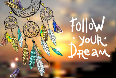 Follow your dream. Motivation lettering. Beautiful hand drawn vector boho style illustration of dreamcatcher. Use for postcards, print for t-shirts, posters.のイラスト素材