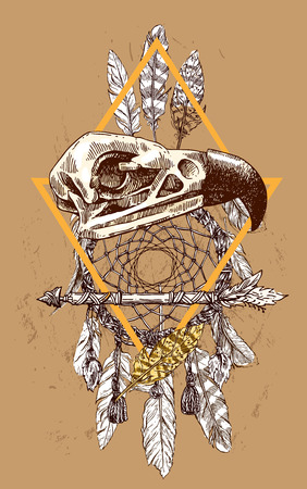 Vector sketch illustration  animal skull. Drawing by hand. Boho style. Use for posters, postcards, print for t-shirt, tattoo.のイラスト素材