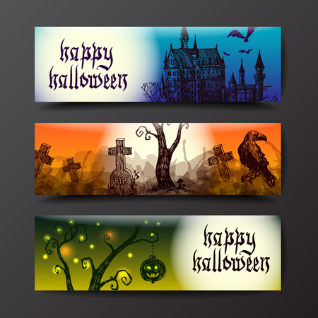 happy halloween banners. Terrible 
night landskape with castle,cemetery, tree and moon.のイラスト素材