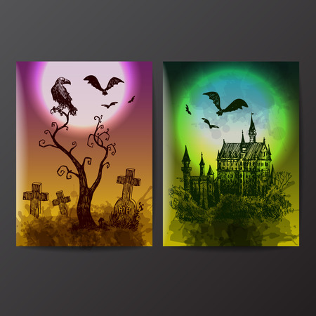 happy halloween banners. Terrible 
night landskape with castle,cemetery, tree and moon.のイラスト素材