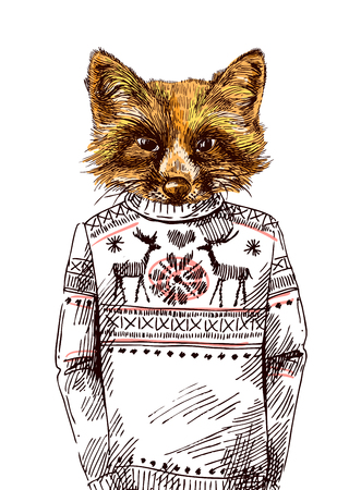 Fox in knitted sweater. Vector illustration for greeting card, poster, or print on clothes. Fashion Style drawing. Hipster.のイラスト素材