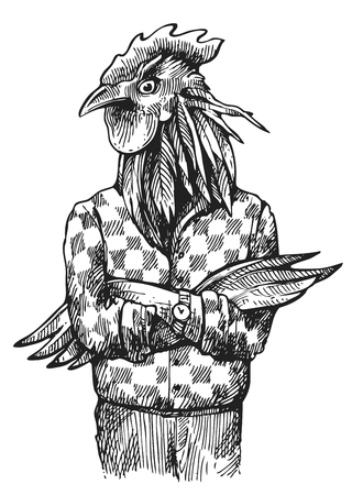 Cock in hipster costume. Vector illustration for greeting card, poster, or print on clothes. Fashion Style drawing. A symbol of 2017.のイラスト素材