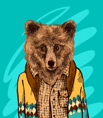 Bear dressed in knitted sweater. Vector illustration for greeting card, poster, or print on clothes. Fashion Style drawing. Hipster.のイラスト素材