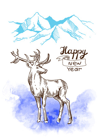 Hand drawn sketch illustration christmas landscape with mauntains and deer. Us for postcard, card, invitations and cristmas decorations.のイラスト素材