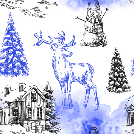Hand drawn sketch seamless pattern christmas landscape with house, spruce and deer. Us for postcard, card, invitations and christmas decorations.のイラスト素材