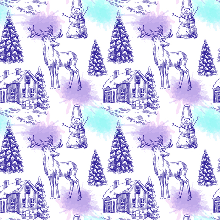 Hand drawn sketch seamless pattern christmas landscape with house, spruce and deer. Us for postcard, card, invitations and christmas decorations.のイラスト素材