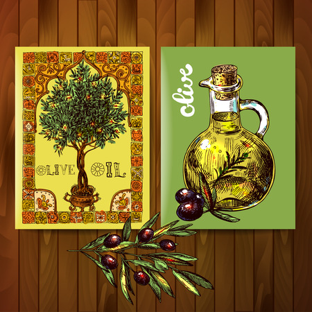 Hand drawn vector illustration olive oil and olives.  Sketch style. Use for 
package design and web.のイラスト素材