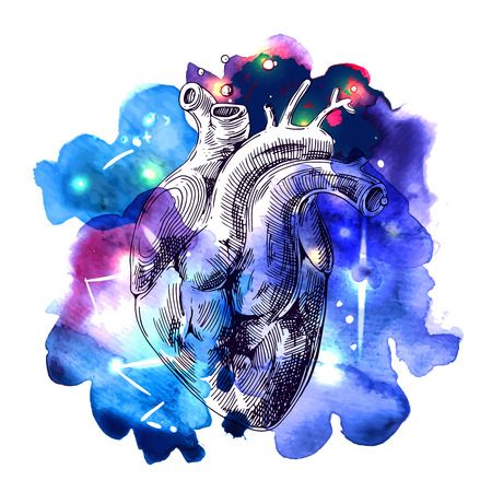 Illustration with sketch of human heart. Hand drawn vector watercolor background.Boho style drawing. Us for print for t-shirt smart phone poster web. Happy Valentine s Day.のイラスト素材