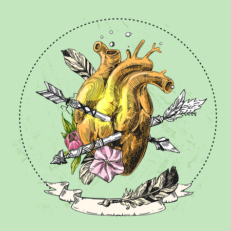 Illustration with sketch of human heart and arrow. Hand drawn vector background.Boho style drawing. Us for print for t-shirt smart phone poster web. Happy Valentine s Day.のイラスト素材