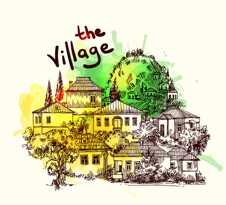 Hand drawn vector illustration village houses. Sketch style. Drawing by hand.のイラスト素材