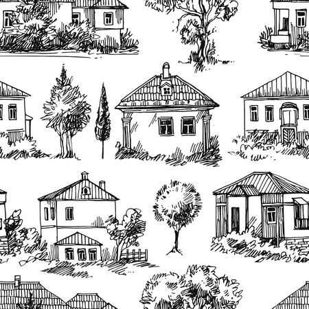Hand drawn vector seamless pattern with village houses and tree. Sketch style. Drawing by hand.のイラスト素材