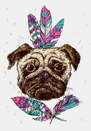 Hand drawn sketch illustration dog pug with feathersのイラスト素材