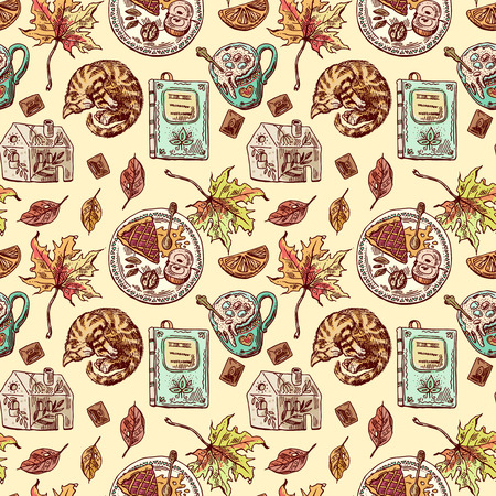 Hand drwan sketch seamless pattern autumn elements. Sketch style drawing. Us for Invitations, flyers, postcards, smartphone covers etcのイラスト素材