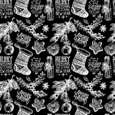 Hand drwan seamless pattern christmas lettering. Sketch style drawing. Merry christmas and a happy new year. Us for Invitations, flyers, postcards, web etcのイラスト素材
