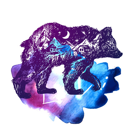 Hand drawn vector illustration bear with double exposure.のイラスト素材