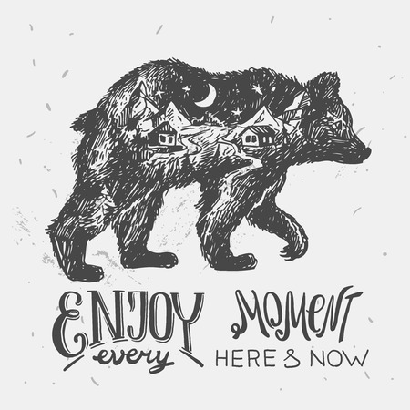 Hand drawn vector illustration bear with double exposure.のイラスト素材