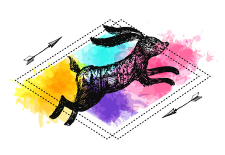 Hand drawn vector illustration rabbit with double exposure.のイラスト素材