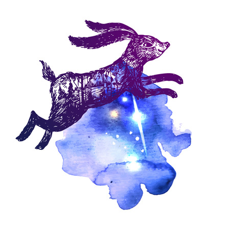 Hand drawn vector illustration rabbit with double exposure.のイラスト素材