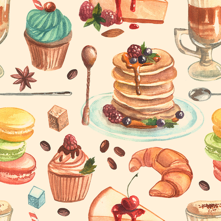 Hand drawn watercolor illustration coffee and sweetsの写真素材