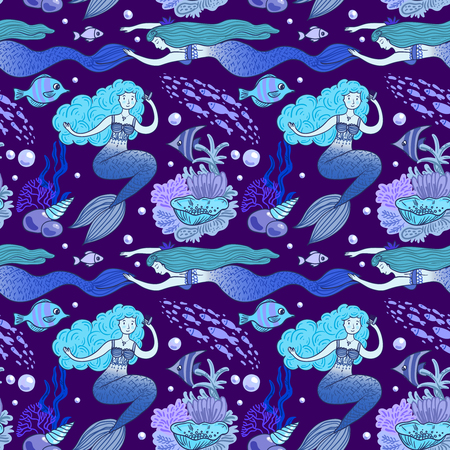 Hand drawn vector seamless pattern mermaid. Cartoon style.のイラスト素材