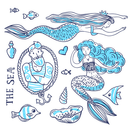 Hand drawn mermaid image illustrationのイラスト素材