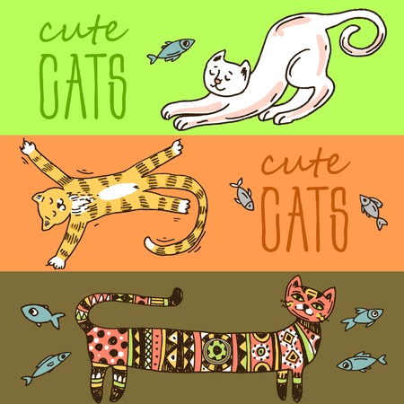 Beautiful hand drawn vector illustration cute cats.のイラスト素材