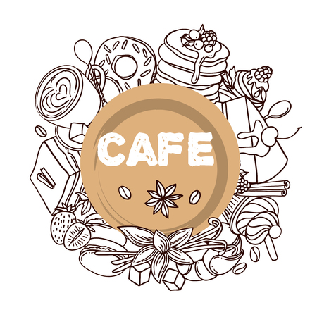 Beautiful hand drawn vector illustration coffee and sweets.のイラスト素材