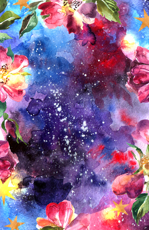 watercolor illustration space and roseの写真素材