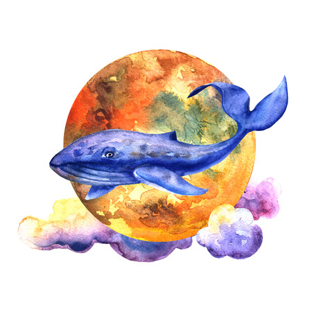 Beautiful hand drawn watercolor picture moon and cloudiの写真素材