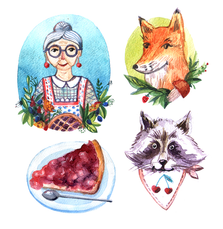 Hand drawn watercolor set of illustration with fruits and berrieの写真素材