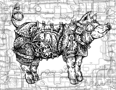 Hand drawn vector illustration steampunk pig. Sketch style drawingのイラスト素材