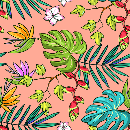 Hand drawn beautiful seamless pattern world tropics. Perphect for textileend etc. Secondary pattern of collection.のイラスト素材