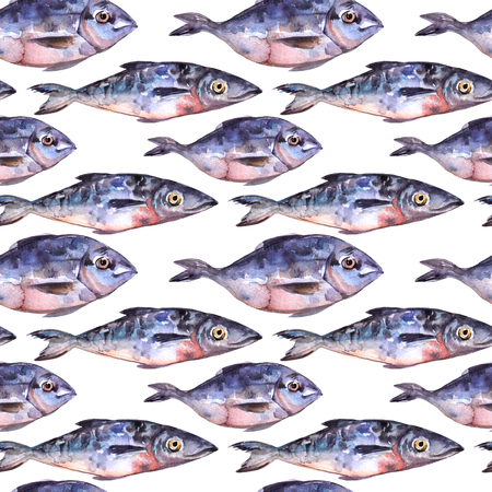 Hand drawn watercolor seamless pattern with sea fishの写真素材