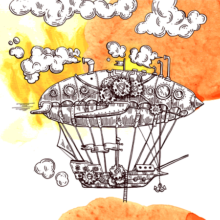 Hand drawn vector sketch illustration vintage aircraft. Steampunk style. Mechanical drawing.のイラスト素材