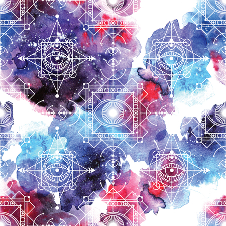 sacred geometry seamless pattern on watercolor space background.の写真素材