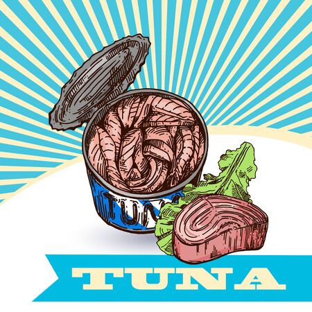 Tuna sketch vector illustration. Hand drawn set of pictures with fish. Food illustration for menu of care.のイラスト素材