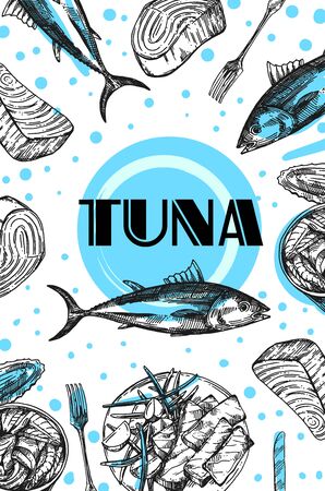 Tuna sketch vector illustration. Hand drawn set of pictures with fish. Food illustration for menu of care.のイラスト素材