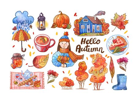Autumn watercolor set. Hand drawn cartoon style illustration.の写真素材