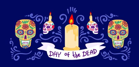 Day of the dead vector illustration. Dia de los muertos.Poster with ornamental skull.のイラスト素材