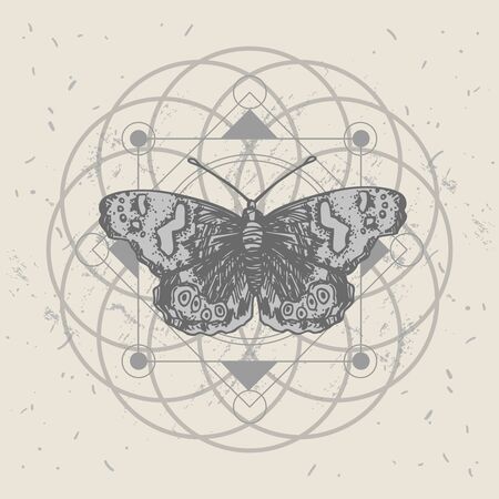Butterfly and sacred geometry. Hand drawn vector illustration could be used for textile,  yoga mat, phone case, t-shirt, etcのイラスト素材