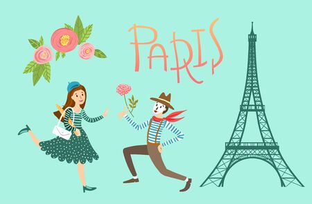 Paris vector illustration. cute picture with The Eiffel Tower, girl and mime. could be used for phone case, t-shirt, etc のイラスト素材