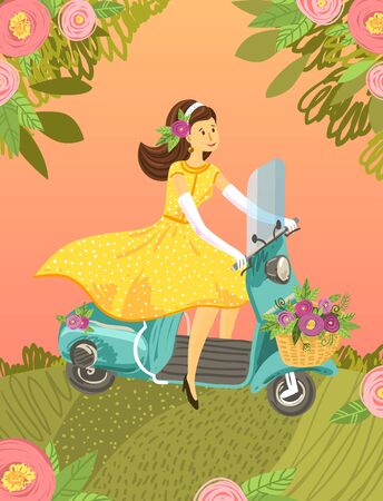 Motorbike girl vintage illustration. Cute cartoon picture with woman on scooter and flowers.のイラスト素材