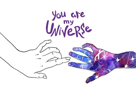 Valentines Day postcard with 2 hands. You are my universe.のイラスト素材