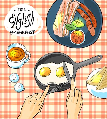 Full English breakfast. Beautiful hand drawn vector food illustration. Sketch style.のイラスト素材